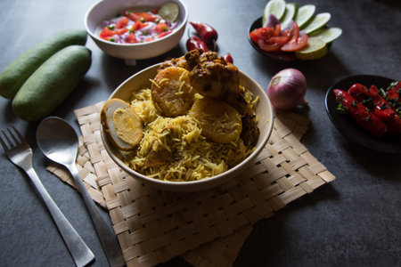 Popular Mughlai delicacy biryani or traditional rice cooked with chicken, egg and potatoesの写真素材