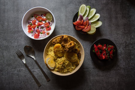 Top view of piece of boiled egg on chicken biryani or traditional rice along with potato in a bowl and condimentsの写真素材