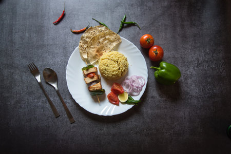 Top view of Indian lunch food ingredients with use of selective focusの写真素材