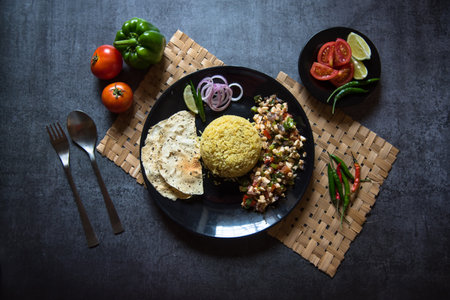 Indian lunch food ingredients. Top view, selective focus.の写真素材