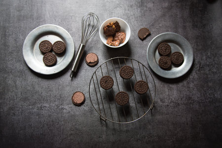 Chocolate cookies with use of selective focus on a dark background.の写真素材