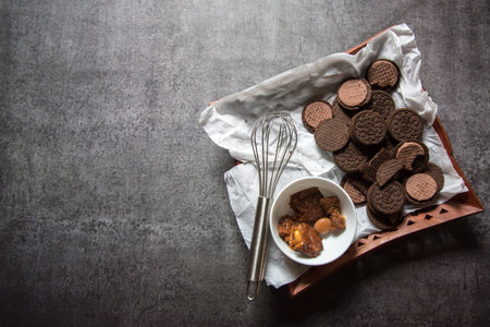 Popular snacks chocolate with hazelnut cookies with use of selective focus