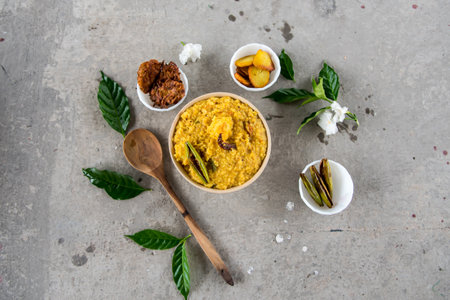 Khichdi or Khichadi, a popular Indian recipe. The food is made of dal or lentils and rice combined with Indian spices and tomatoes.の写真素材