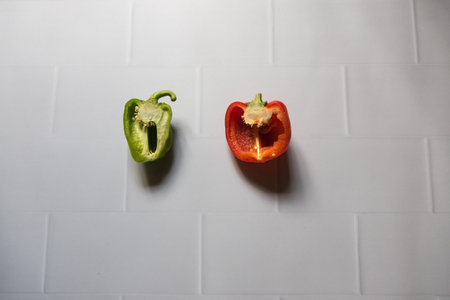 Top view of cut bell peppers on a background with use of selective focusの写真素材
