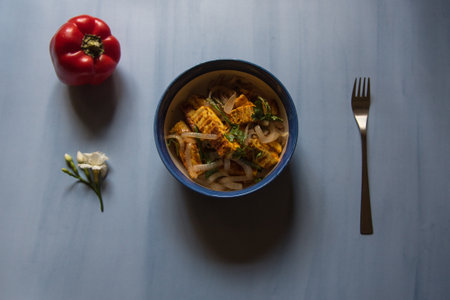 Cooked food item paneer tikka or grilled cottage cheese served in bowl. Top view, selective focus.の写真素材