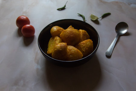 Close up of boiled potatoes in a bowl. Selective focus.の写真素材