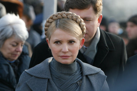 Ukraine, Kiev : Ukrainian Prime Minister Yulia Tymoshenko, left, during the official presentation of the UEFA Euro 2012 logo on Kievのeditorial素材