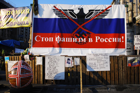 anti putin propaganda in kiev  (the card says: Stop russian facism)のeditorial素材