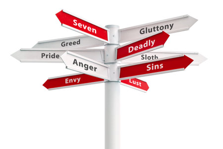 Seven deadly sins on crossroads sign arrows.の写真素材