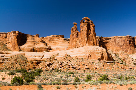 Rocky cliff wall of a desert canyon in Arches National Park, Utah USAの写真素材