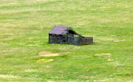 Old abandoned log cabin in a green grass fieldの写真素材