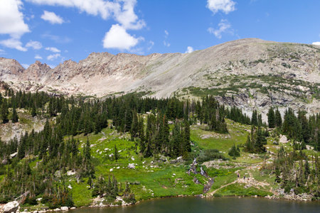 Mountain Lake and Waterfall in Coloradoの写真素材