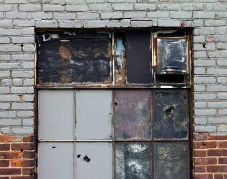 Old Broken Windows and Brick Wall Grunge Texture Backgroundの写真素材