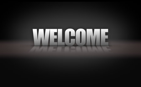 Welcome message on reflective 3D dark background stageの写真素材