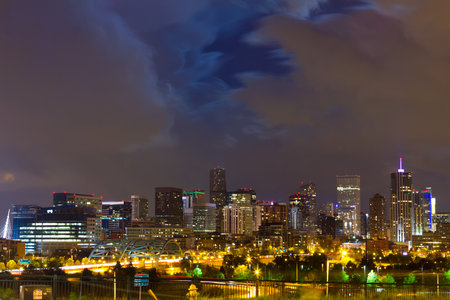 Denver Colorado downtown city skyline at nightの写真素材