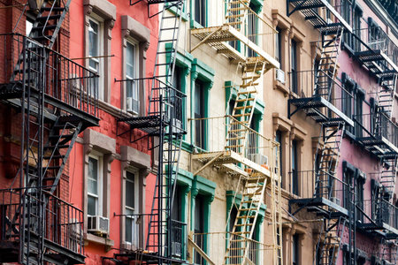 NYC Block of Rainbow colored apartment buildings in Manhattan, New York City