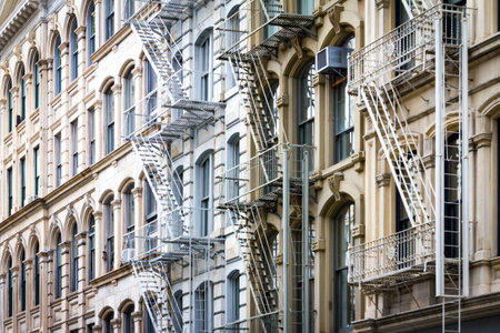 Historic buildings architecture background with old windows and fire escapes in SoHo Manhattan, New York City NYCの写真素材
