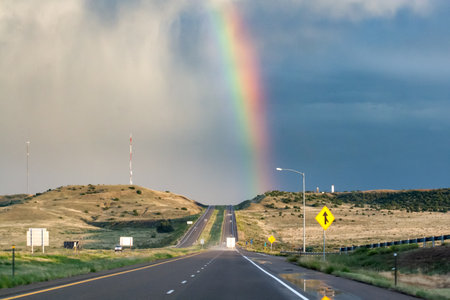 Rainbow forms over the distant highway horizon after a summer storm in the American Southwest landscape sceneの写真素材