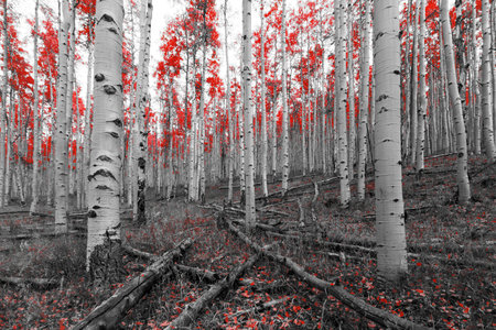 Red tree forest in black and white fantasy landscape scene
