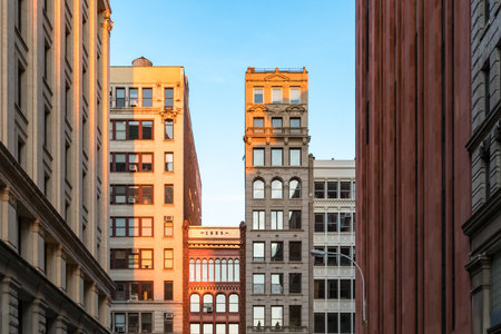 New York City street view of historic buildings on Broadway in Manhattanの写真素材