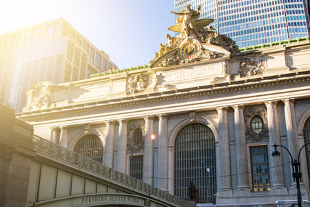 Sunlight shines on the front of Grand Central Station in Manhattan, New York City NYCのeditorial素材