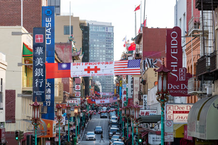 SAN FRANCISCO - CIRCA 2017: Signs for restaurants and businesses crowd the sidewalks along Jackson Avenue in the Chinatown neighborhood of San Francisco, California during the fall of 2017. This is one of the oldest and most established Chinatowns in the のeditorial素材