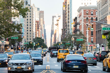 NEW YORK CITY - CIRCA 2017: Cars, taxis and buses crowd along 3rd Avenue during the rush hour commute in the East Village neighborhood of Manhattan in New York City in 2017.のeditorial素材