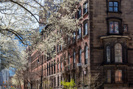 Spring street scene in the East Village of New York City with historic buildings on Stuyvesant...