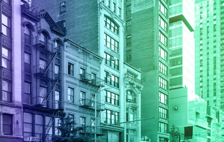 New York City buildings in Manhattan with blue green color overlay effect