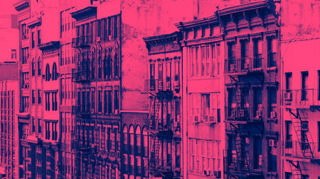 Block of old buildings in New York City with colorful pink and blue gradient overlay effectの写真素材