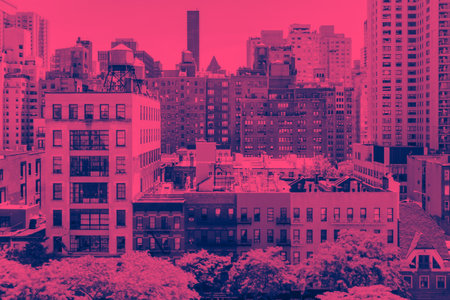 Overhead view of historic buildings in Midtown Manhattan New York City with pink and blue color overlay effectの写真素材