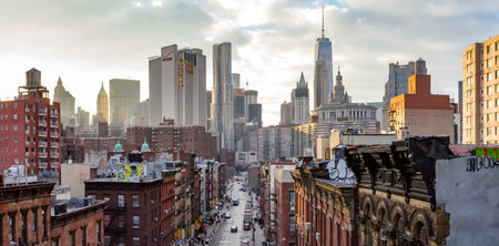 NEW YORK CITY, CIRCA 2019: Panoramic view of the crowded buildings of the Manhattan skyline at...