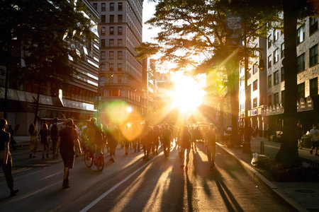 NEW YORK CITY, USA - JUNE 12, 2020: Crowd of people walk into the light of sunset at a peaceful Black Lives Matter protest march on 14th Street in Manhattan.のeditorial素材