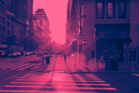 Intersection of 23rd Street and 5th Avenue with people and cars in Manhattan, New York City in pink...