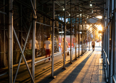 People walking down a sidewalk in New York City with the light of sunset shining through construction scaffolding overheadの写真素材