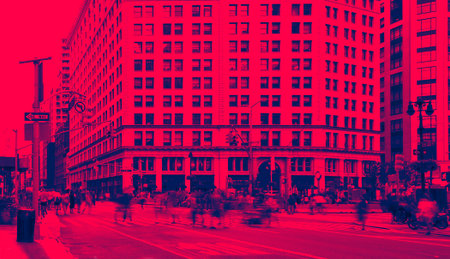 Crowds of people in motion walking across a busy intersection in Manhattan, New York City with red...