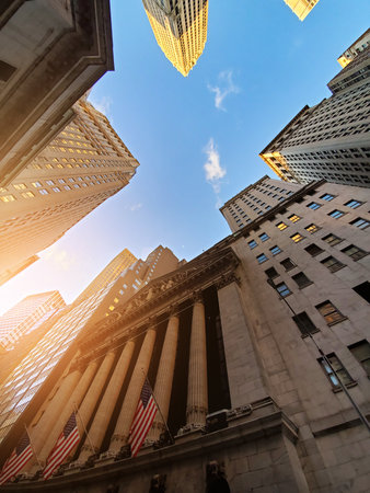 Historic buildings on Wall Street in the financial district of Manhattan in New York City NYCのeditorial素材