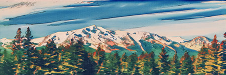 Panoramic landscape scene with snowy mountains above an evergreen forest in Lake Tahoe California with colorful watercolor painting effectの写真素材