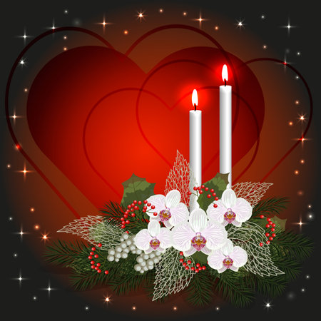 Valentines day greeting card with love hearts, decorations and burning candles.のイラスト素材