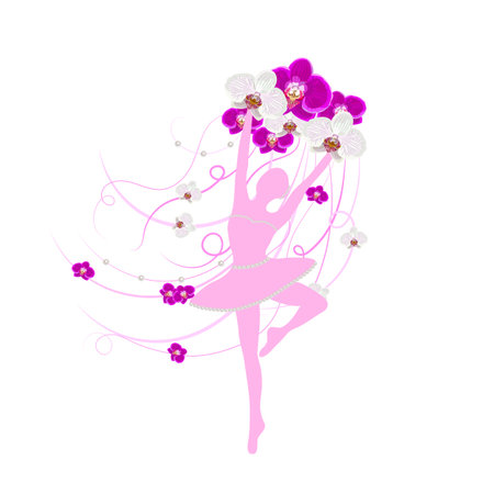 Tender ballerina holding an arrangement of orchid flowers with ribbonsのイラスト素材