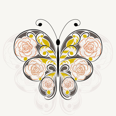 Floral pattern in a shape of a butterfly with shadow isolated on white background.のイラスト素材