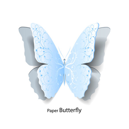 Blue butterfly with floral pattern cut out of paper on white background. Abstract design. Vector illustration.のイラスト素材