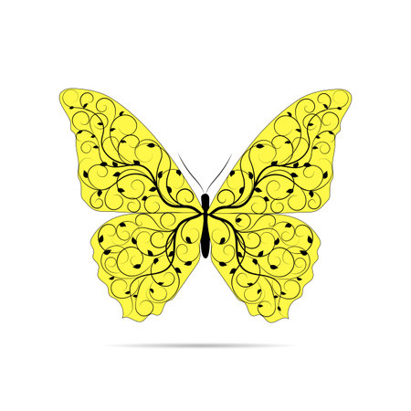 Beautiful yellow butterfly with floral pattern isolated on white background.のイラスト素材
