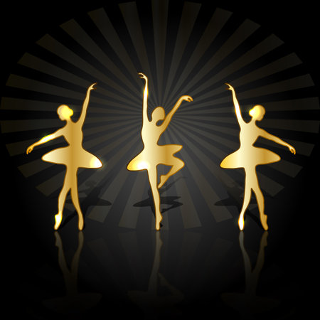 Gold ballerinas with reflection dancing on the stage.のイラスト素材