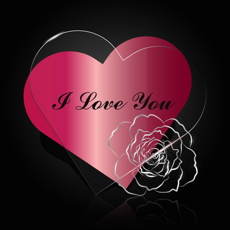 Ruby and glass hearts with silwer flower on dark background. I love you lettering. Vector illustration.のイラスト素材