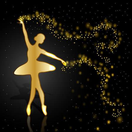 Gold ballerina holding a whirl with magic shine dust on dark background.のイラスト素材