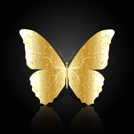 Gold abstract butterfly with floral pattern on black background with reflection.のイラスト素材
