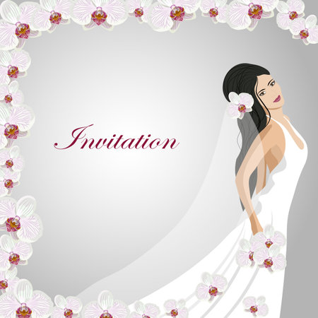 Invitation card with a beautiful bride in wedding dress in a frame of white orchid flowers.のイラスト素材