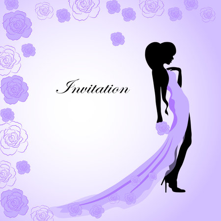 Invitation card with a beautiful silhouette of a girl in violet dress in a frame of flowers.のイラスト素材