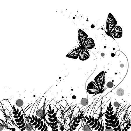 Beautiful natural background with silhouettes of grass and butterflies. Vector illustration in black and white style.のイラスト素材
